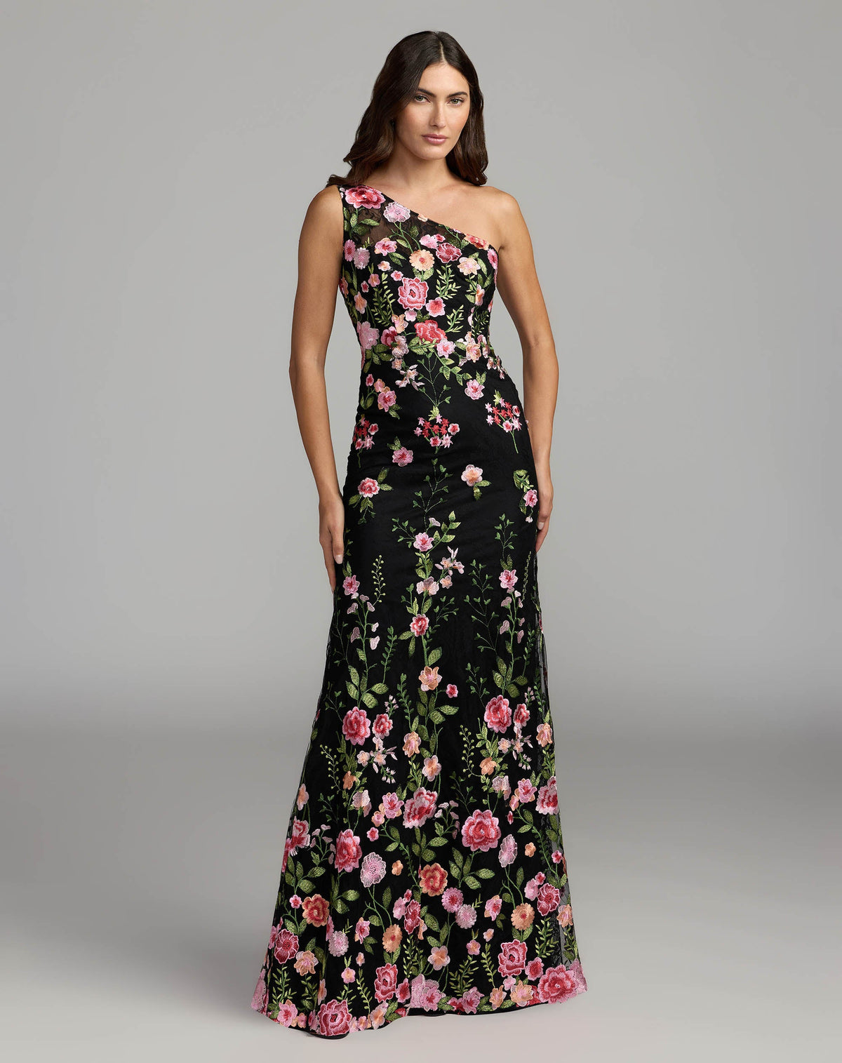Mac Duggal #68606 black multi one shoulder floral embroidered gown