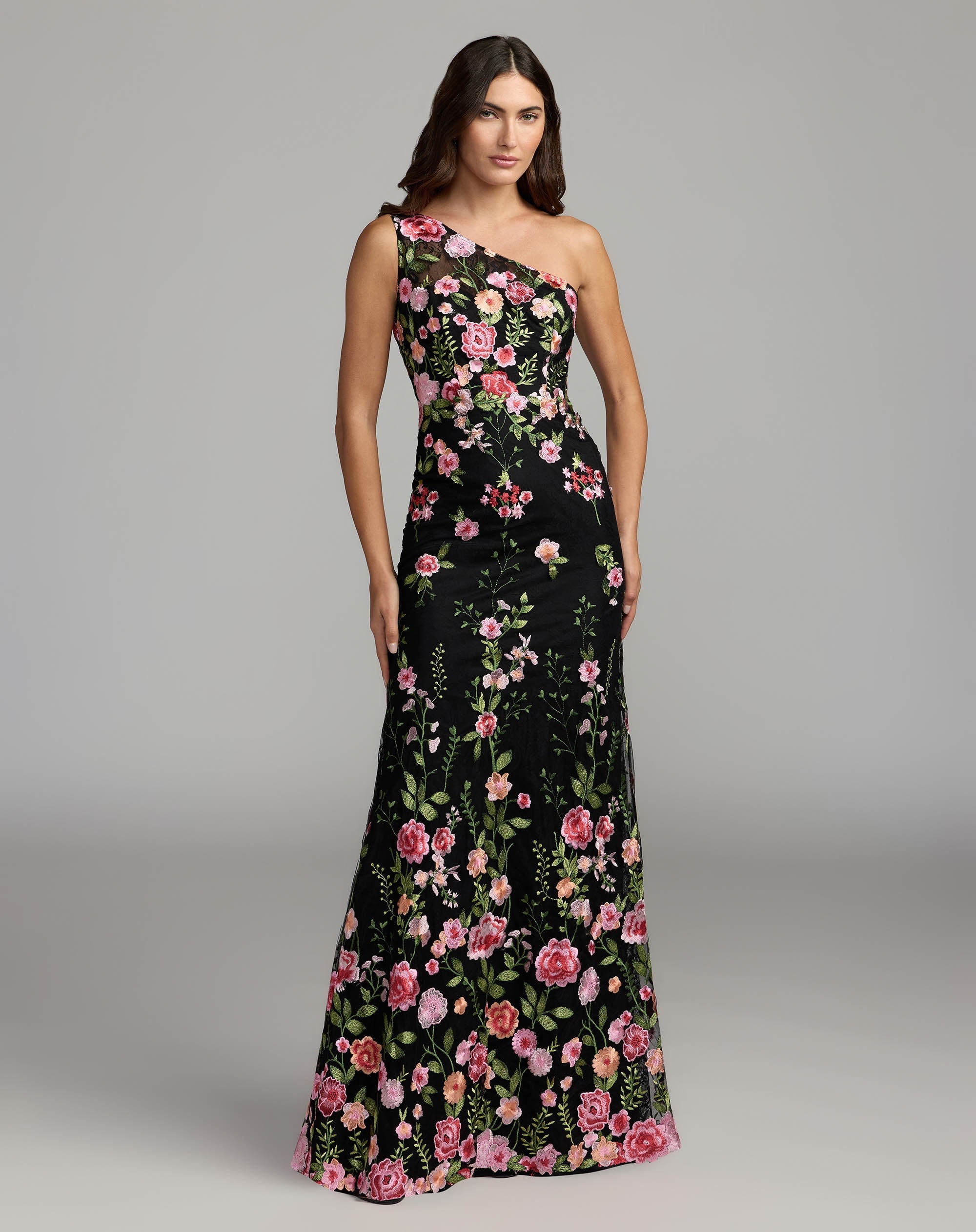 Mac Duggal #68606 black multi one shoulder floral embroidered gown
