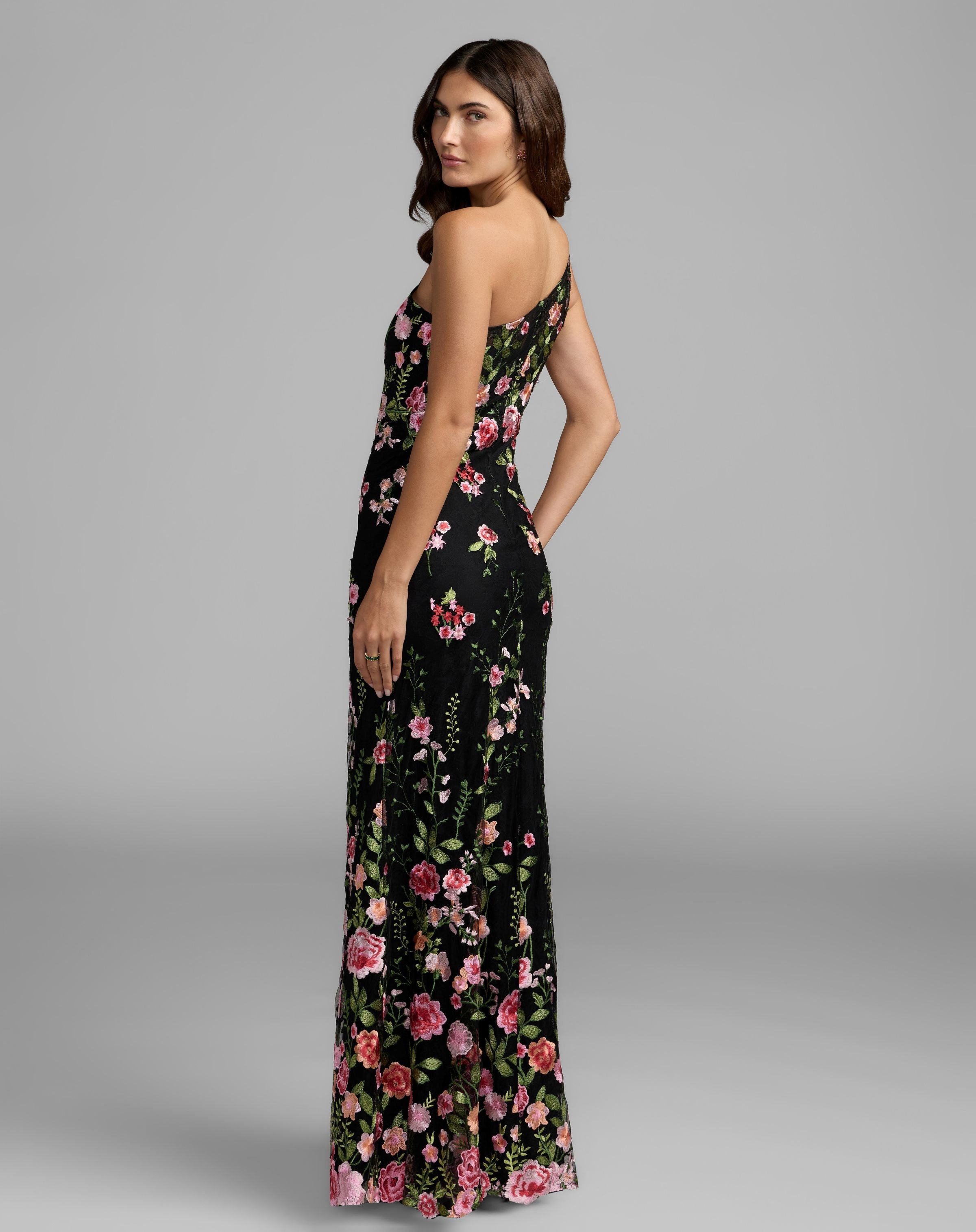 Mac Duggal #68606 black multi one shoulder floral embroidered gown