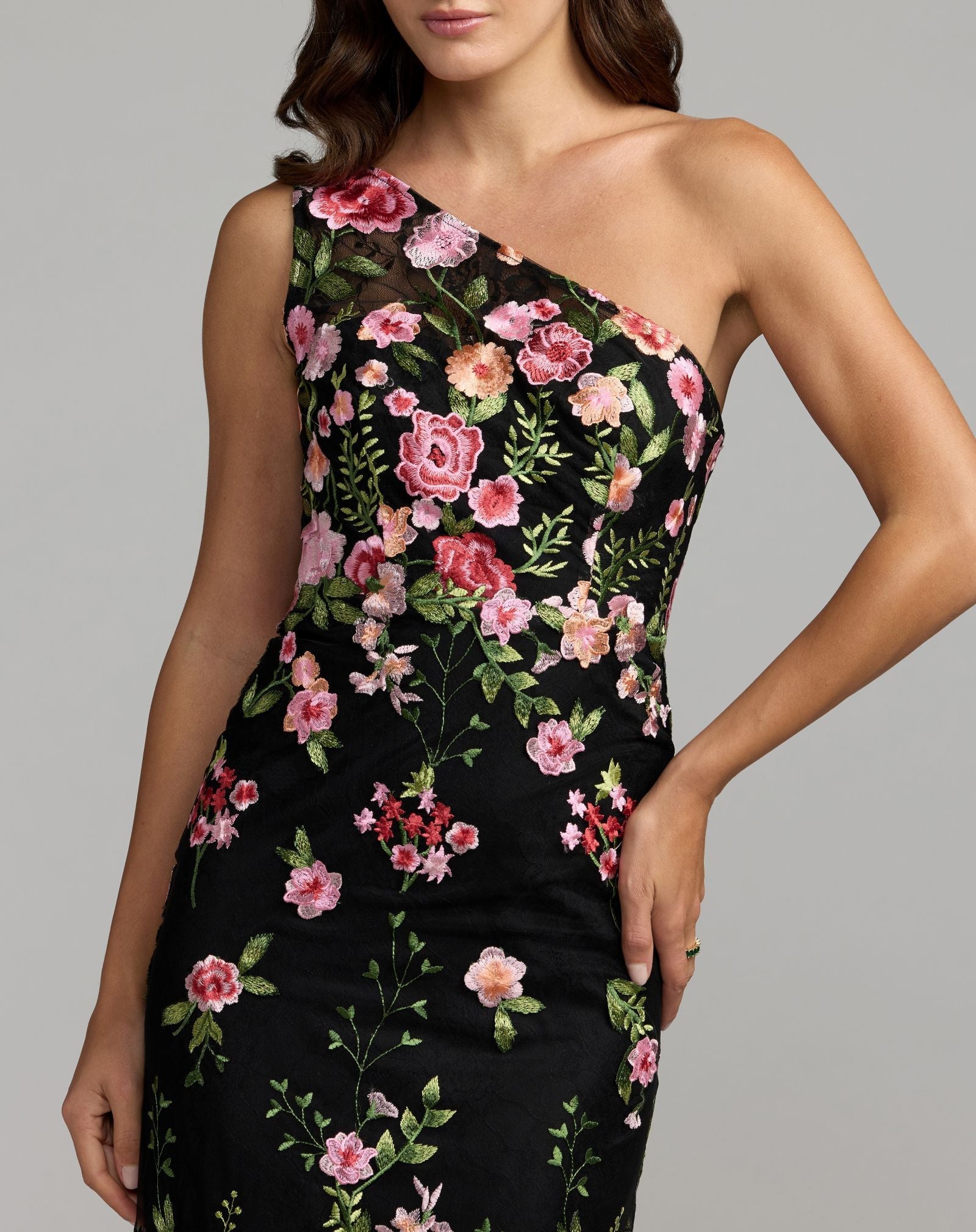 Mac Duggal #68606 black multi one shoulder floral embroidered gown