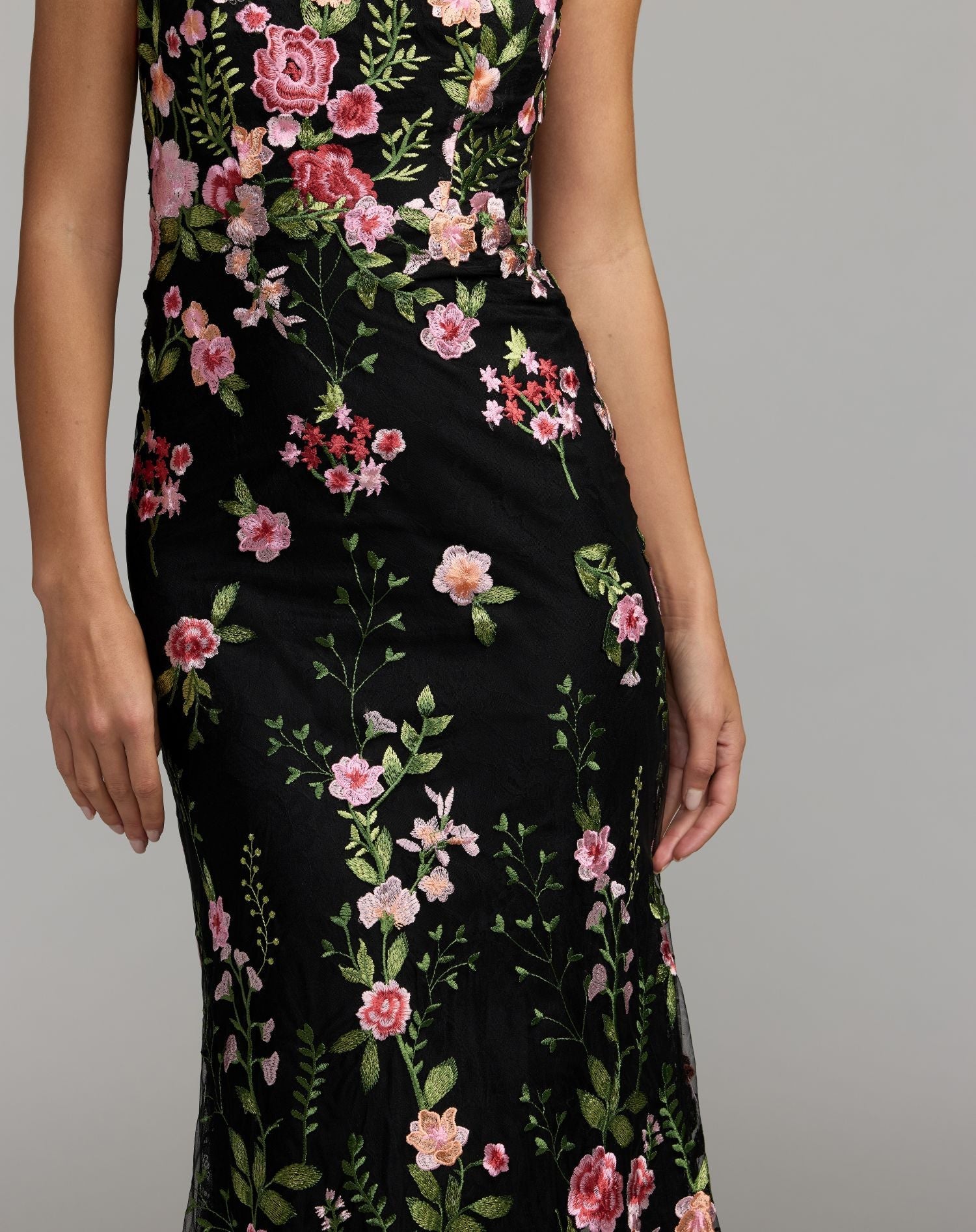 Mac Duggal #68606 black multi one shoulder floral embroidered gown