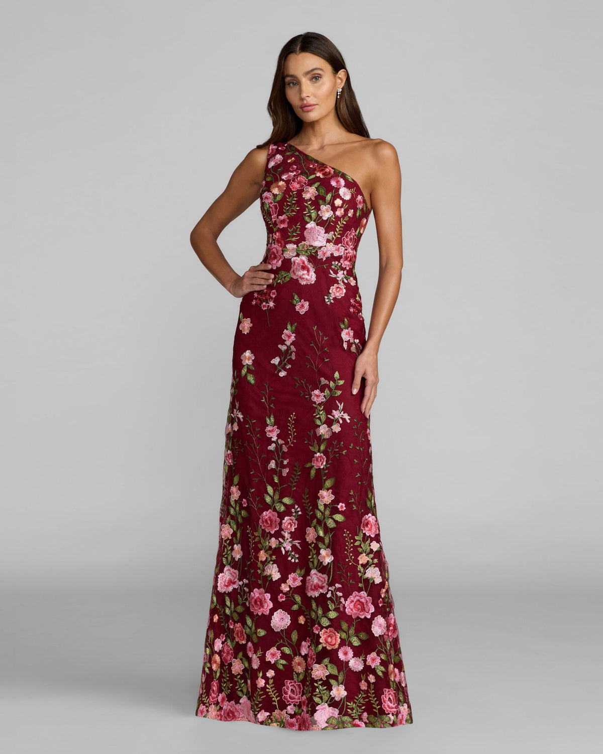 Mac Duggal #68606 burgundy one shoulder floral embroidered gown