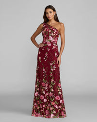 Mac Duggal #68606 burgundy one shoulder floral embroidered gown