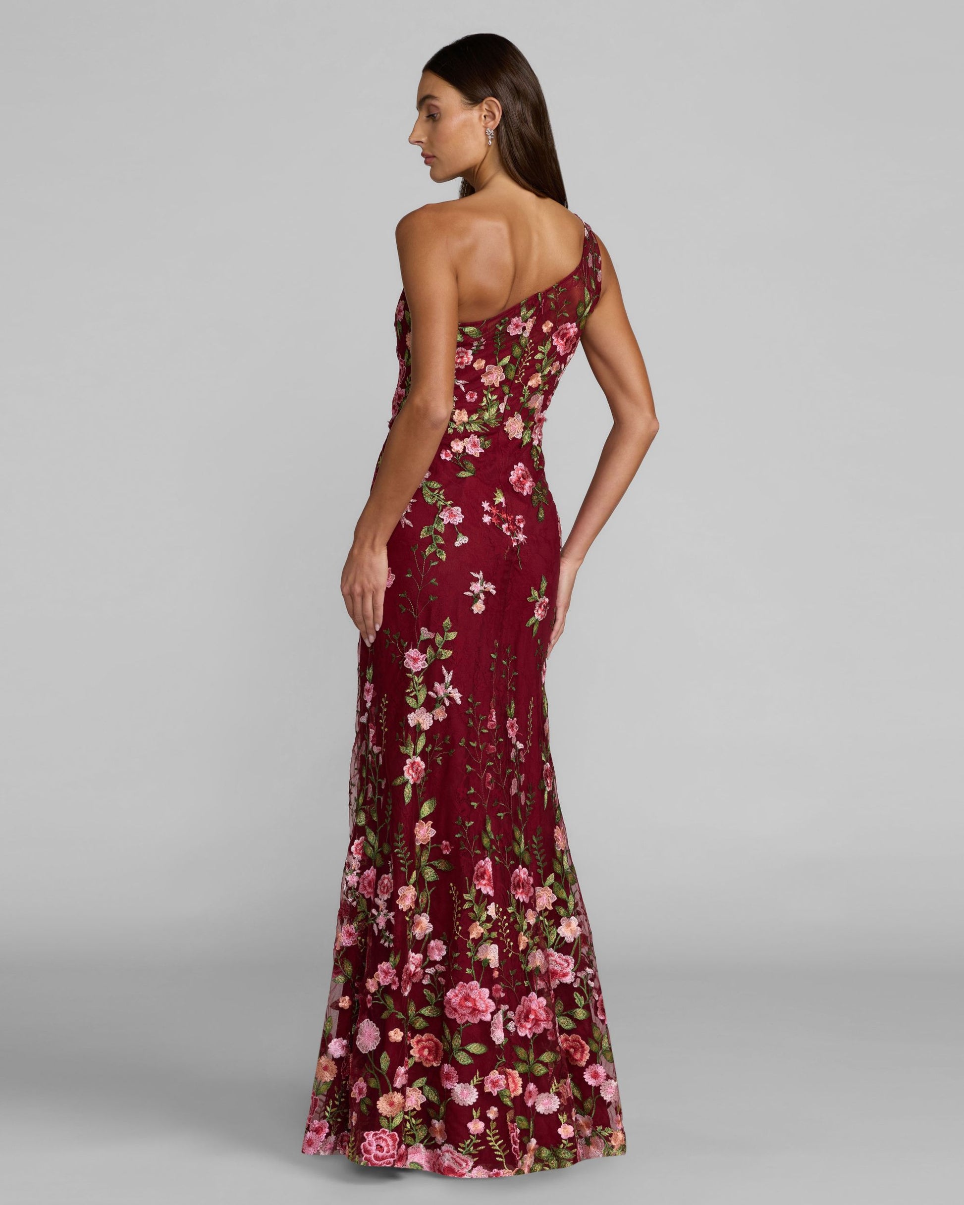 Mac Duggal #68606 burgundy one shoulder gown back view