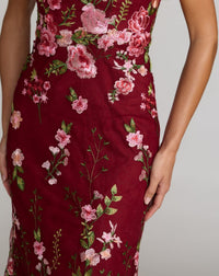 Mac Duggal #68606 burgundy embroidered lace gown close-up