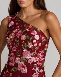 Mac Duggal #68606 burgundy gown floral embroidery detail