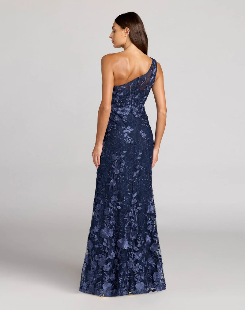 Mac Duggal One Shoulder Floral Embroidered Gown Navy Blue #68606