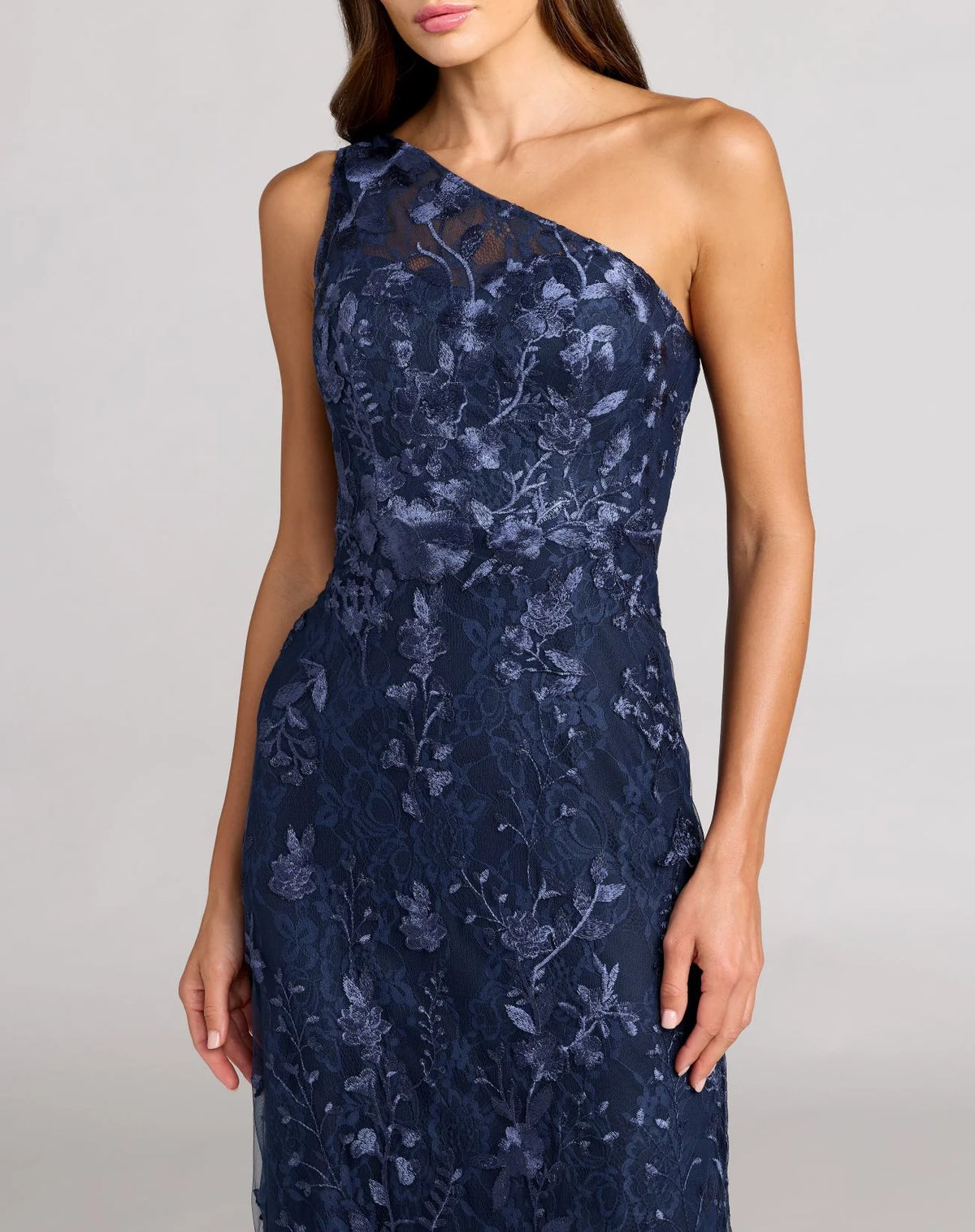 Mac Duggal One Shoulder Floral Embroidered Gown Navy Blue #68606