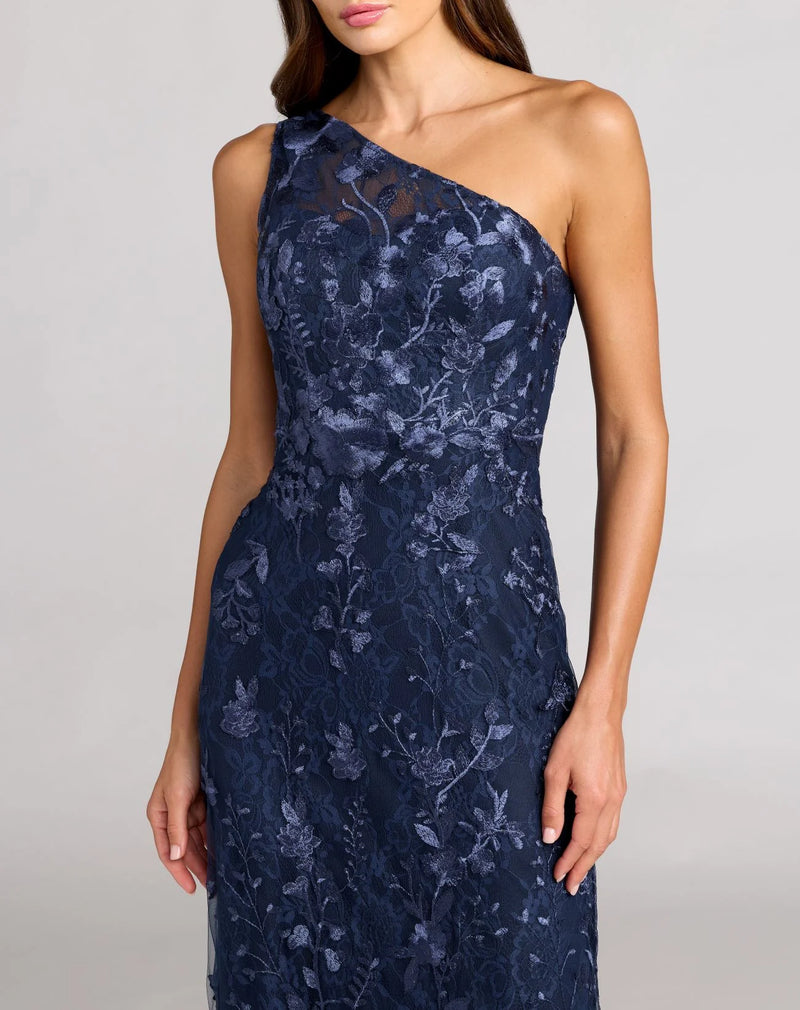 Mac Duggal One Shoulder Floral Embroidered Gown Navy Blue #68606
