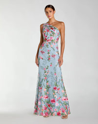 Powder blue asymmetric floral embroidered gown with bustier detail