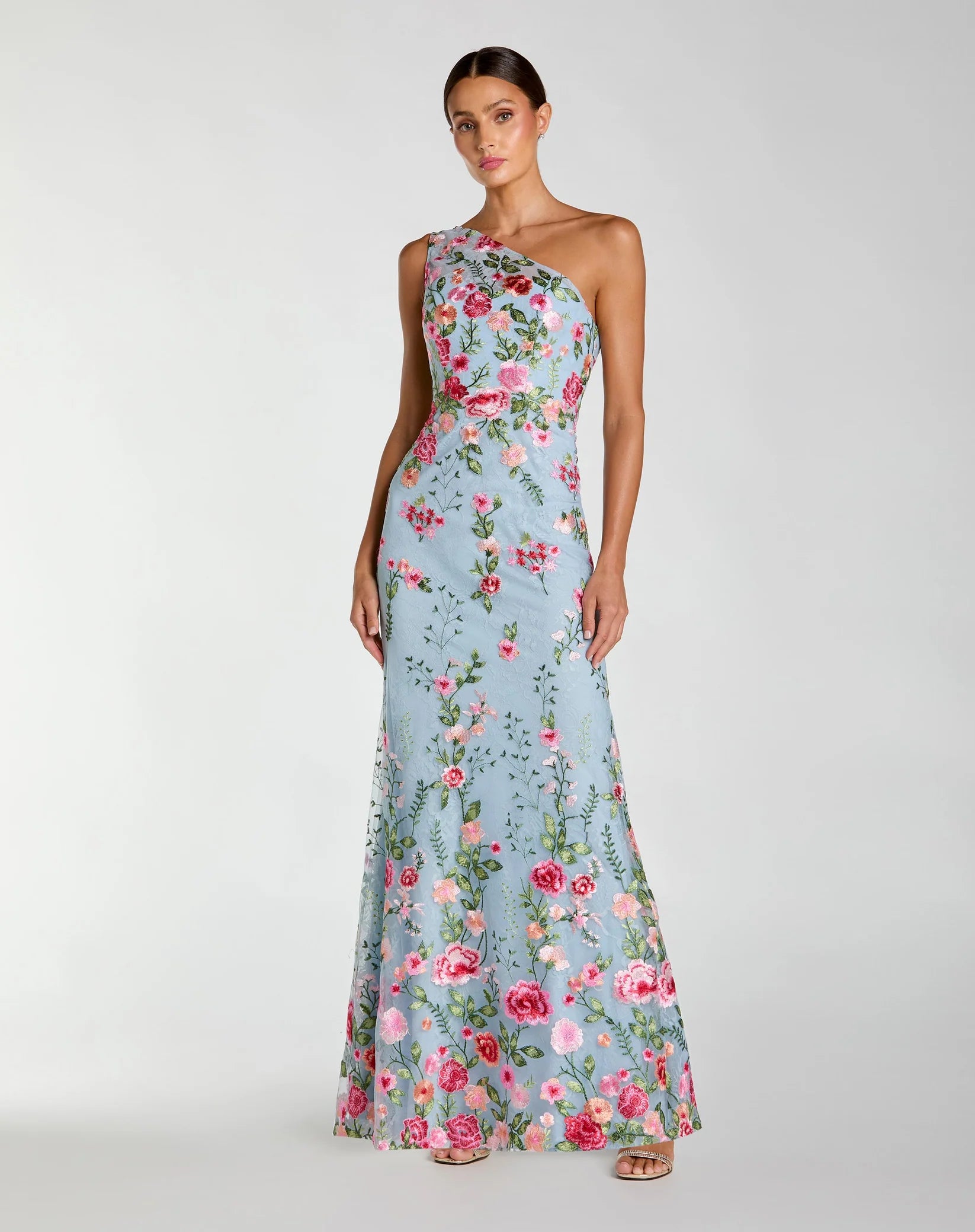 Powder blue asymmetric floral embroidered gown with bustier detail
