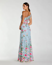 Powder blue asymmetric floral embroidered gown with bustier detail