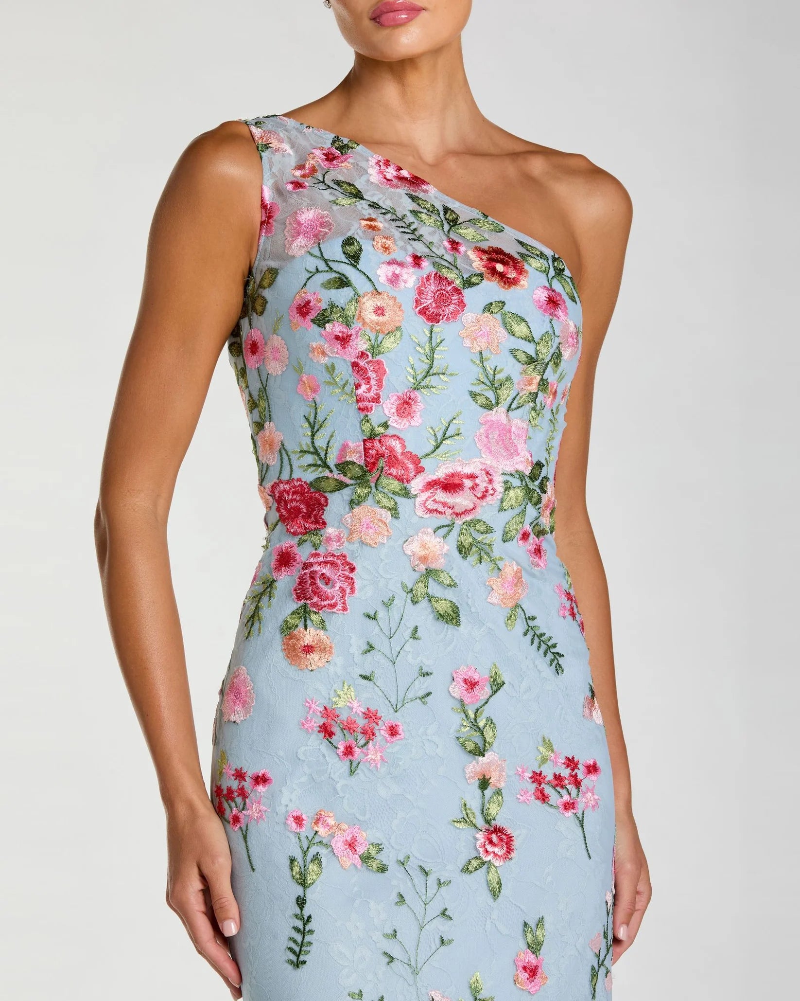 Powder blue asymmetric floral embroidered gown with bustier detail