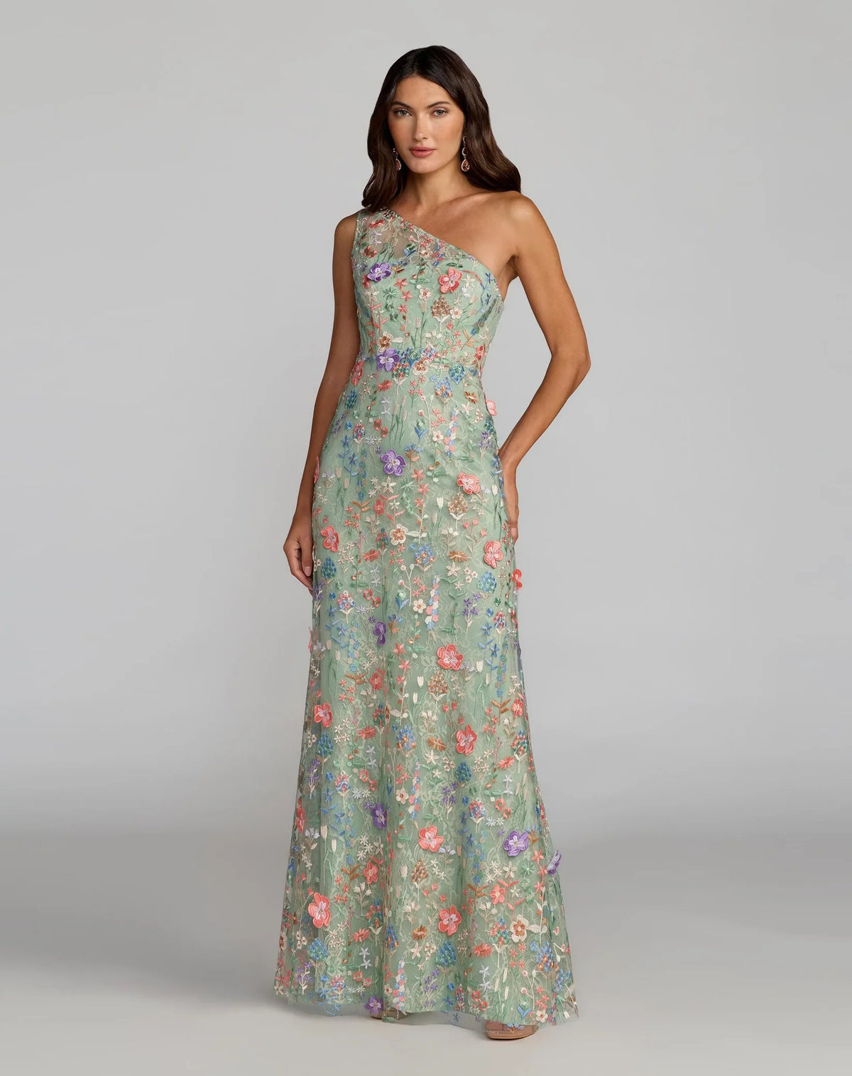 Mac Duggal One Shoulder Floral Embroidered Gown Sage Green #68606 