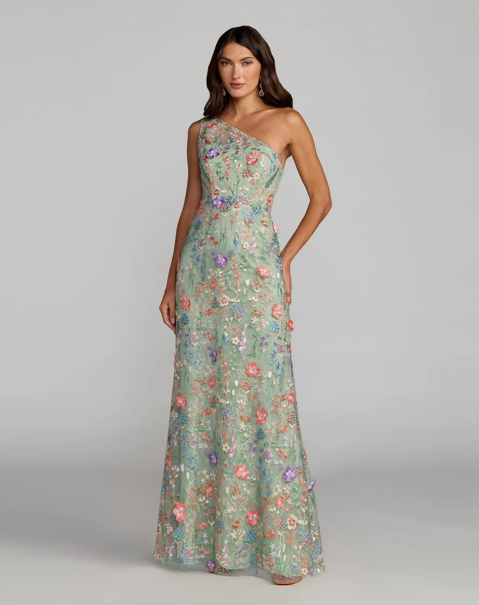 Mac Duggal One Shoulder Floral Embroidered Gown Sage Green #68606 