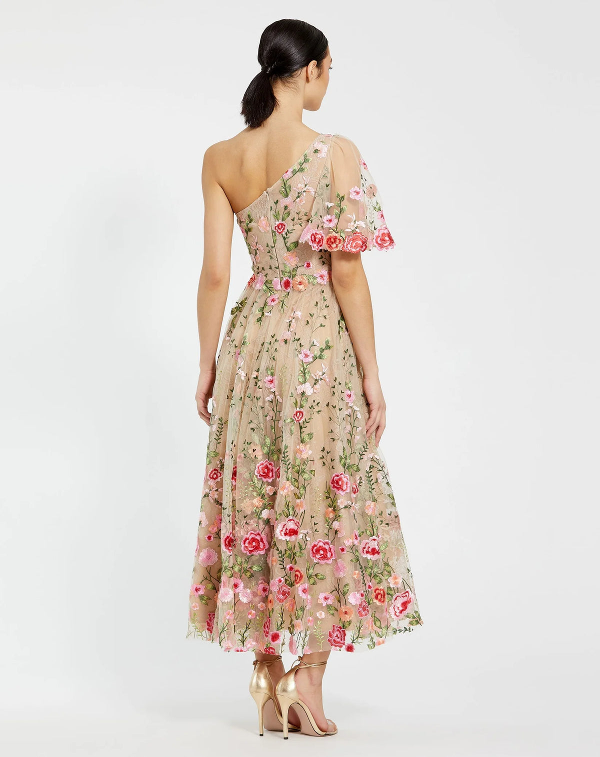 One Shoulder Lace Embroidered Dress - Pink