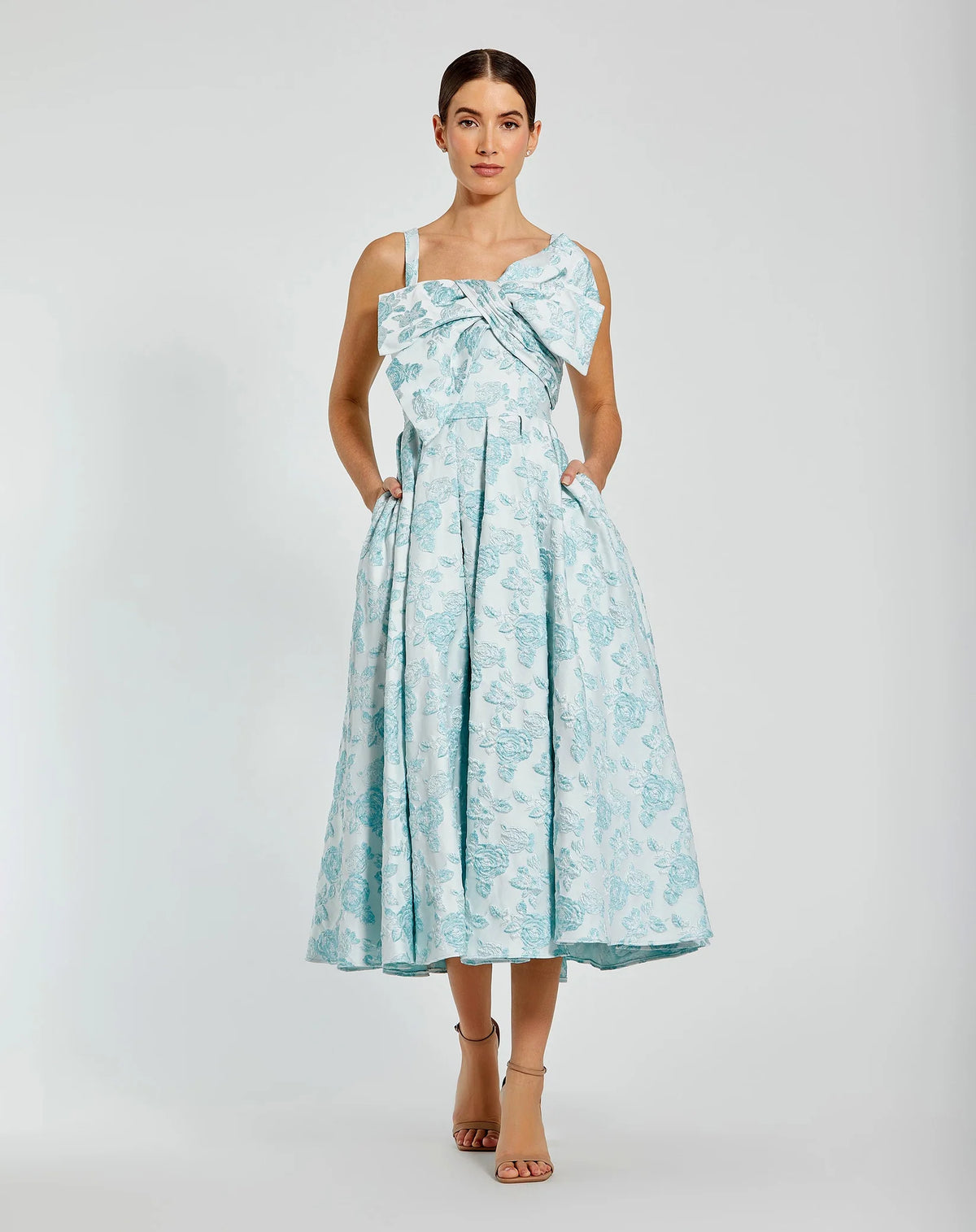 Mac Duggal Blue Sleeveless Large Bow Detail Floral Brocade Dress Seafoam #68616