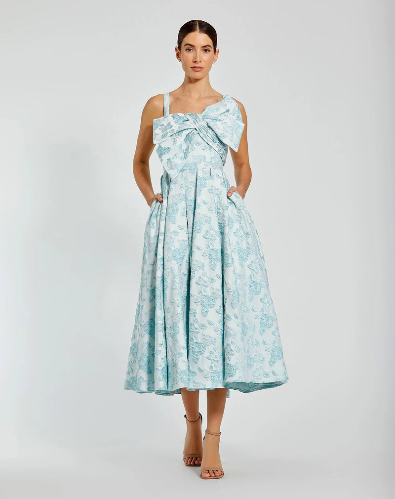 Mac Duggal Blue Sleeveless Large Bow Detail Floral Brocade Dress Seafoam #68616