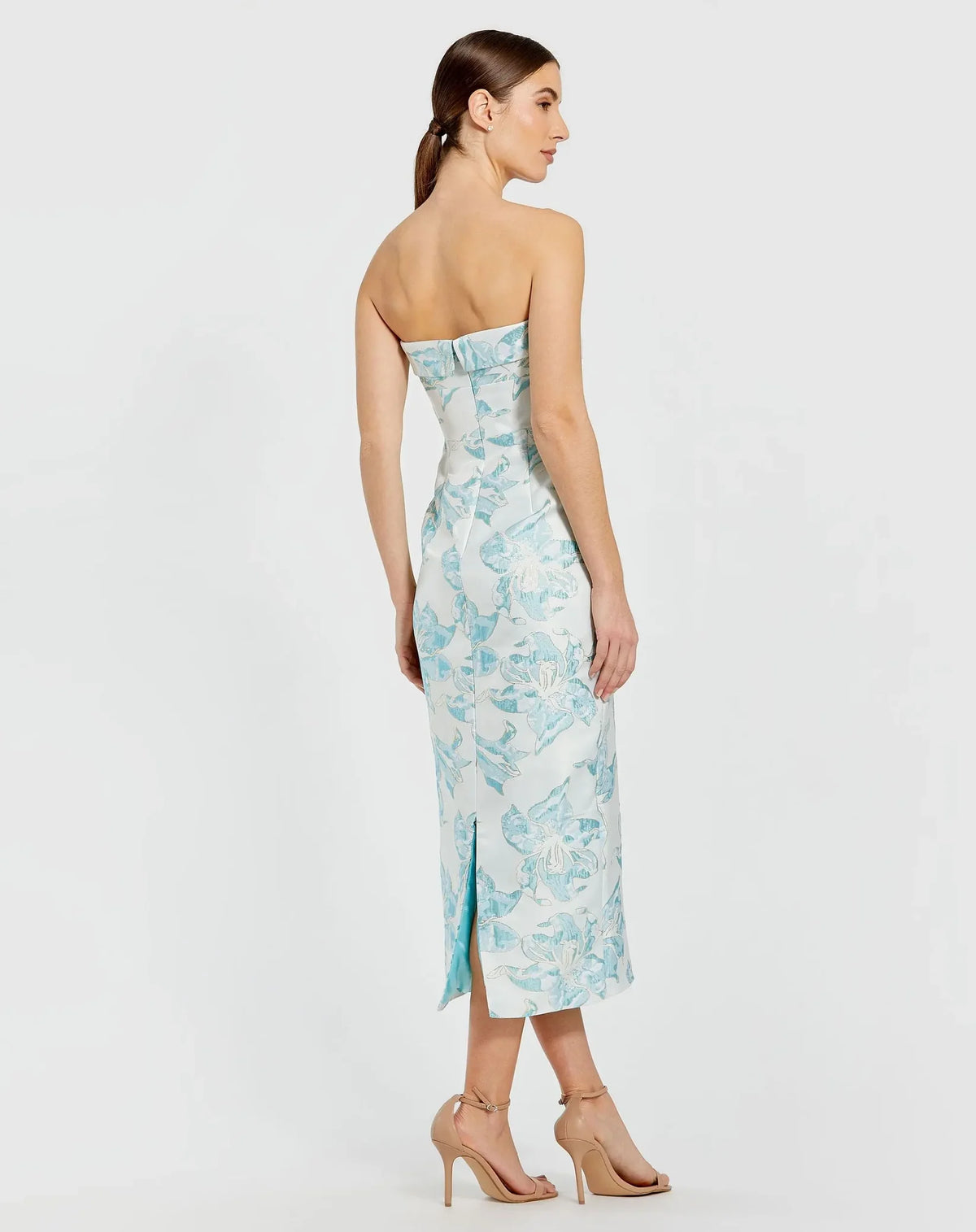 Mac Duggal Blue and White Strapless Brocade Sheath Midi Dress #68621 French Blue