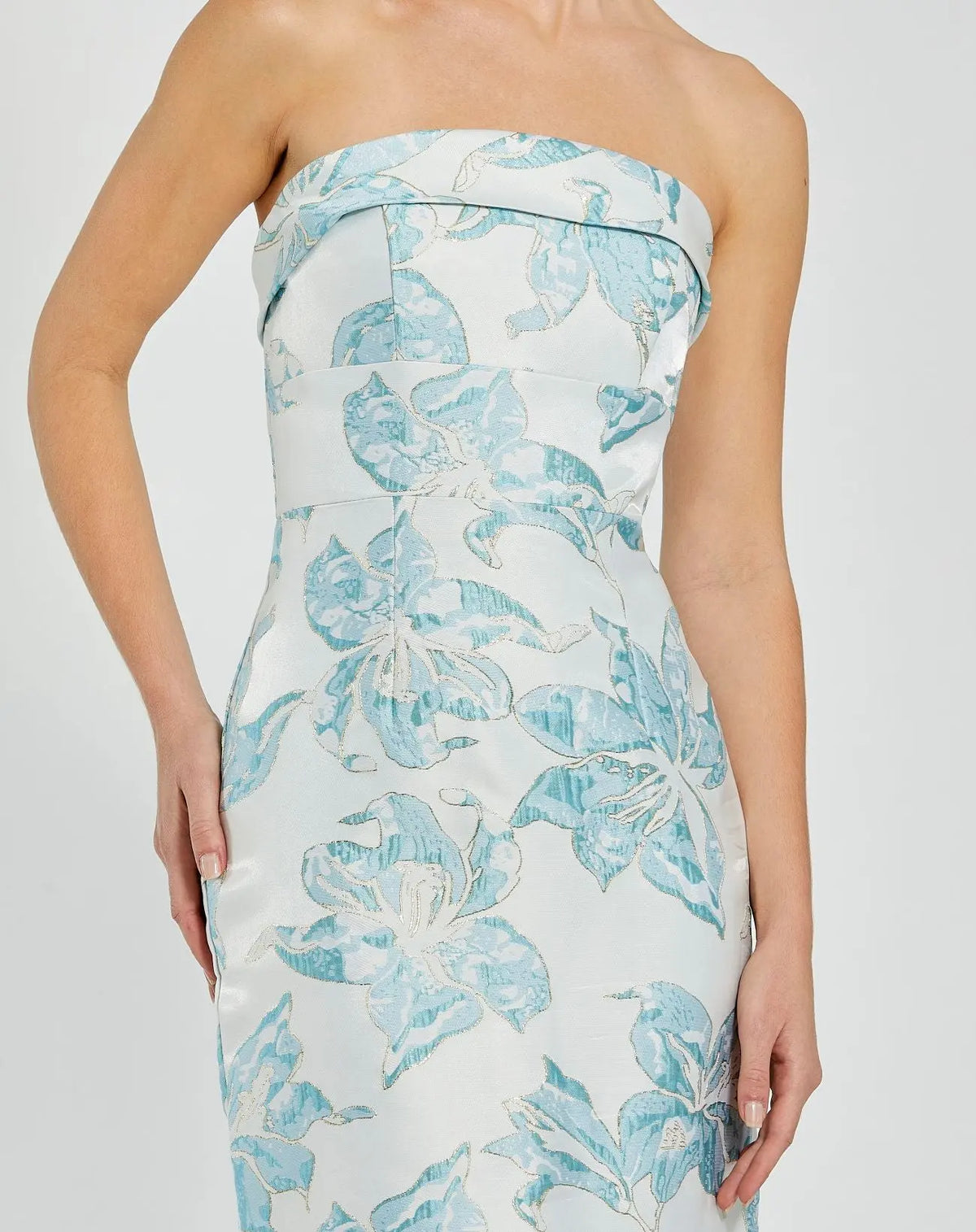 Mac Duggal Blue and White Strapless Brocade Sheath Midi Dress #68621 French Blue Shaide Boutique Mac Duggal Blue and White Strapless Brocade Sheath Midi Dress #68621 French Blue Shaide Boutique