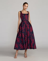 Mac Duggal #68625 fuchsia multi brocade floral A-line midi dress with pockets