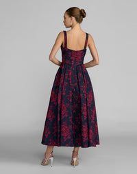 Mac Duggal #68625 fuchsia multi brocade A-line midi dress back view