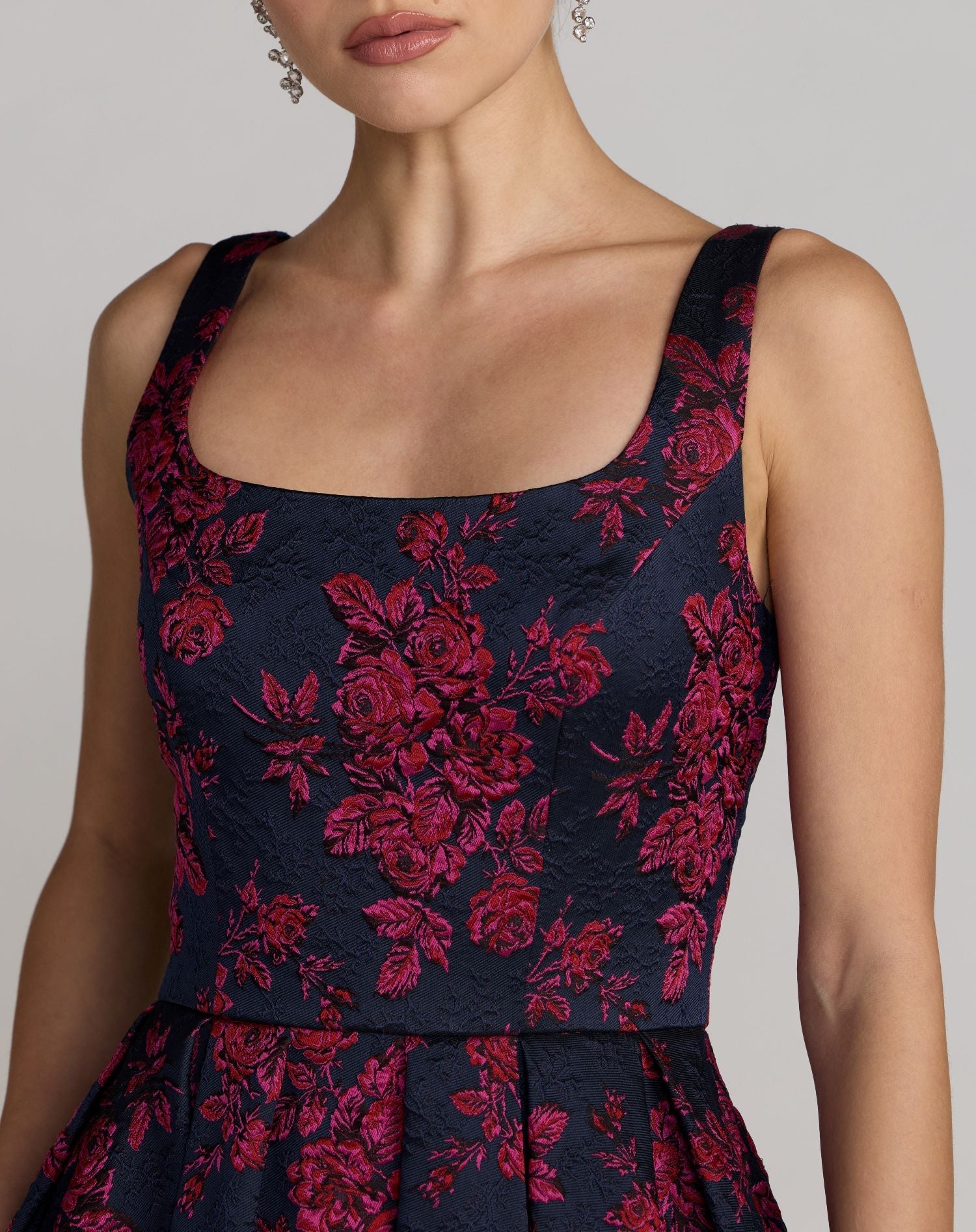 Mac Duggal #68625 fuchsia multi brocade dress square neckline detail