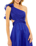 ONE SHOULDER RUFFLE TIERED CUT-OUT CHIFFON GOWN - Cobalt Blue