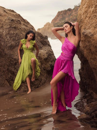 Mac Duggal #49837 fuchsia one shoulder pleated charmeuse gown with slit