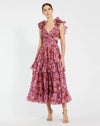 Mac Duggal Red and Pink Ruffle Tiered Cut-Out Chiffon Midi Dress #68644 Red Multi 