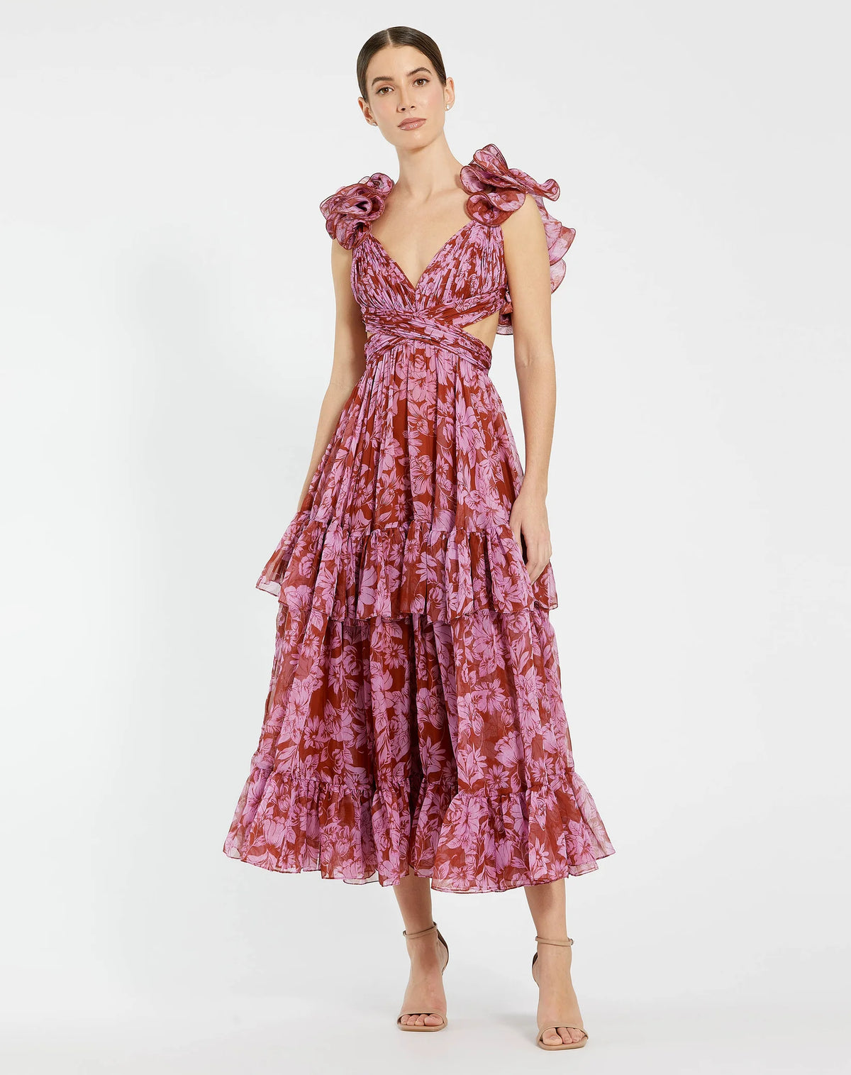 Mac Duggal Red and Pink Ruffle Tiered Cut-Out Chiffon Midi Dress #68644 Red Multi 