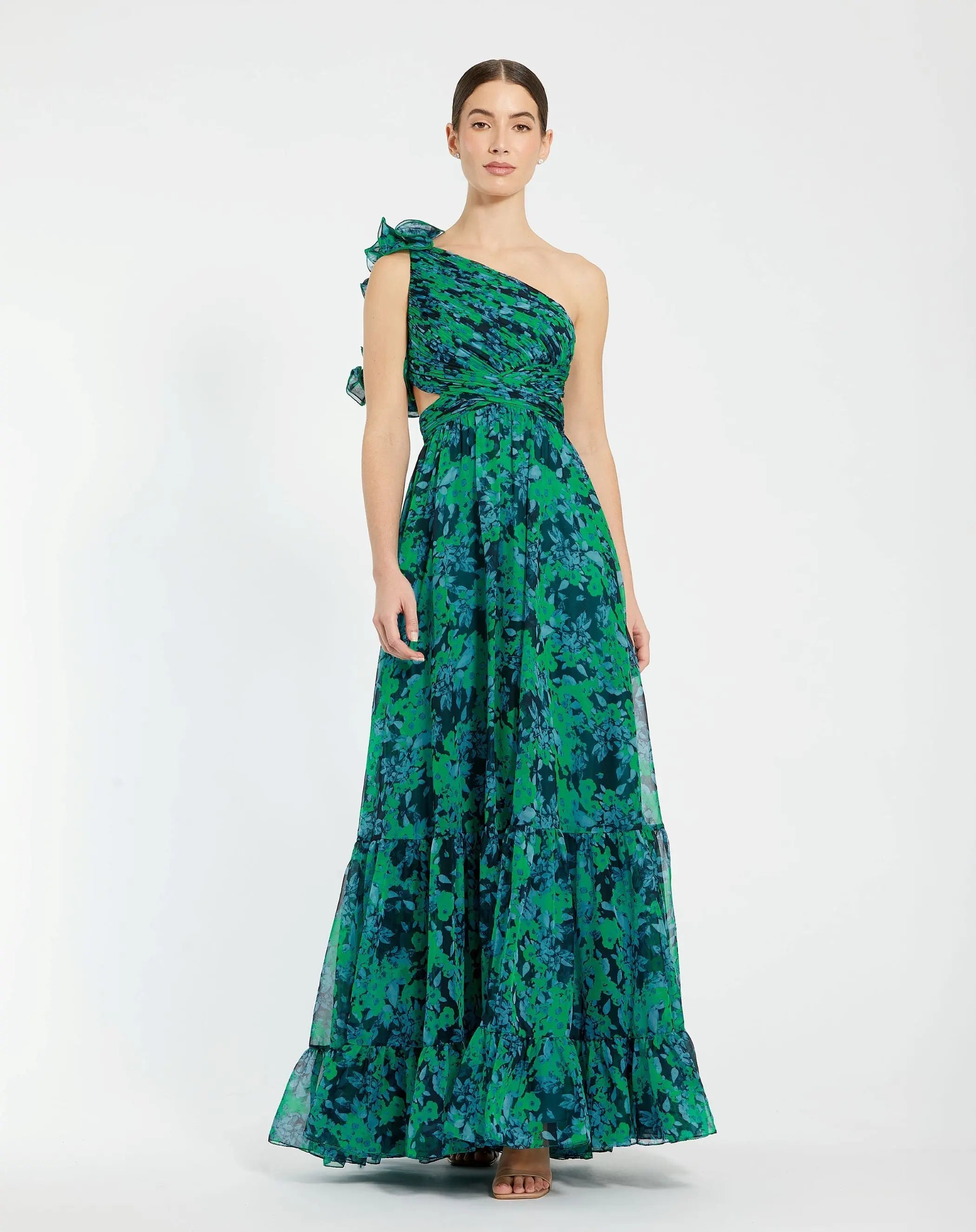 Black Floral One Shoulder Ruffle Tiered Cut-Out Chiffon Gown