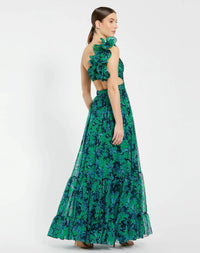Black Floral One Shoulder Ruffle Tiered Cut-Out Chiffon Gown - Back