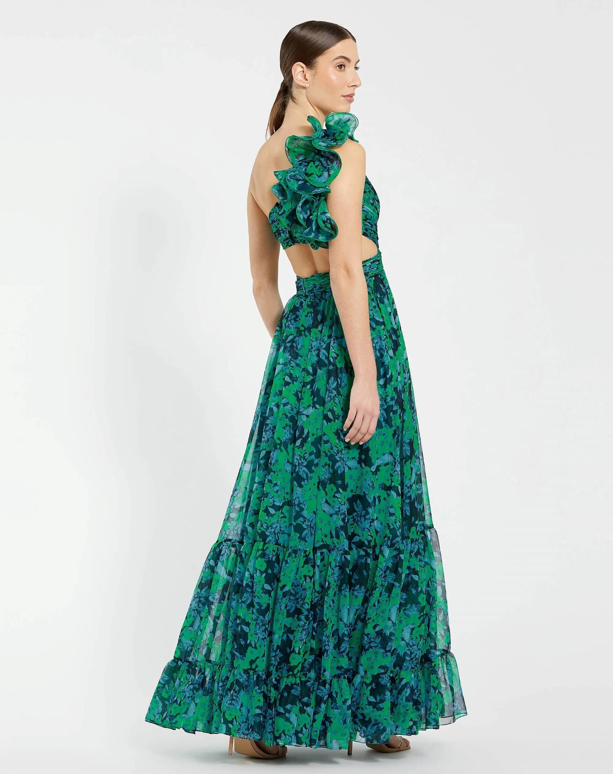 Black Floral One Shoulder Ruffle Tiered Cut-Out Chiffon Gown - Back