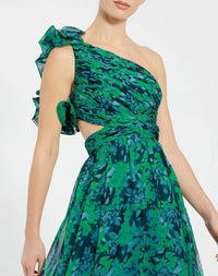 Black Floral One Shoulder Ruffle Tiered Cut-Out Chiffon Gown - Close Up