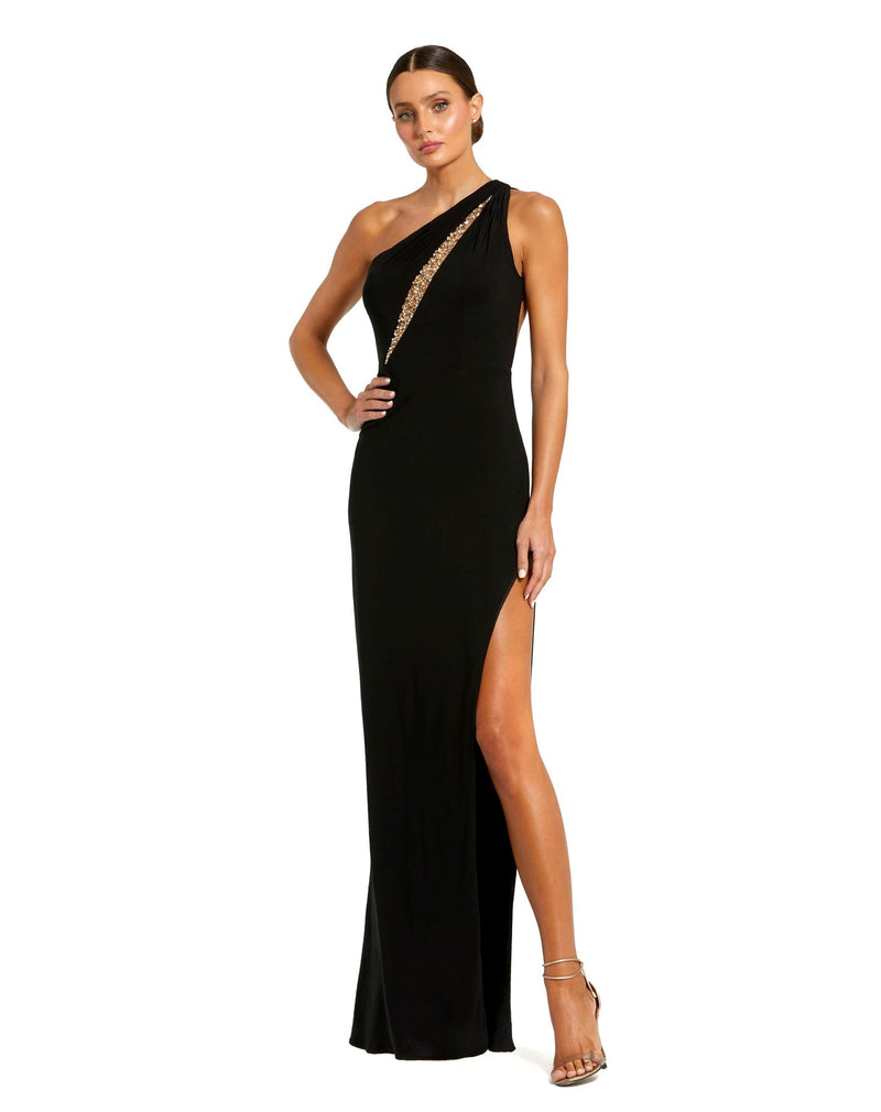 Mac Duggal, Style 68690, Asymmetric sheer panel cutout gown - Black