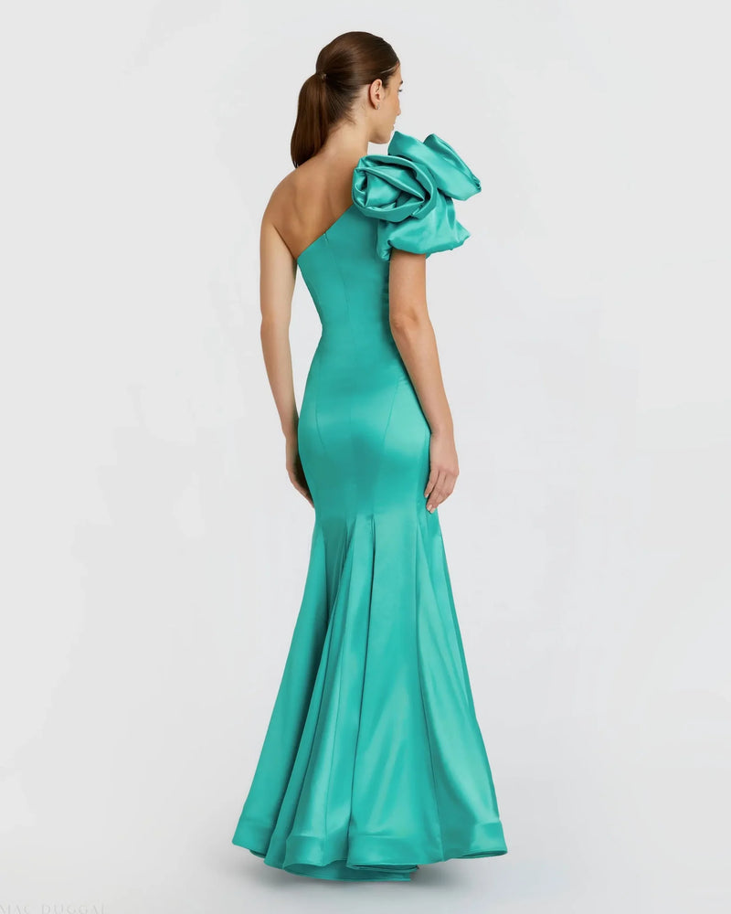 One Shoulder Bustier Satin Mermaid Gown - Teal