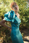 One Shoulder Bustier Satin Mermaid Gown - Teal