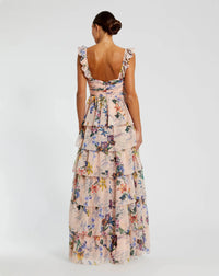 Ruffle Sleeveless Chiffon Tiered Floral Print Gown - Pink
