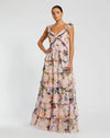 Mac Duggal Pink Ruffle Sleeveless Chiffon Tiered Floral Print Gown Pink Multi #68742