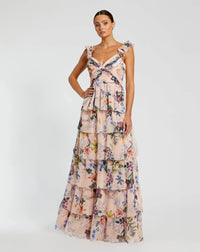 Mac Duggal Pink Ruffle Sleeveless Chiffon Tiered Floral Print Gown Pink Multi #68742