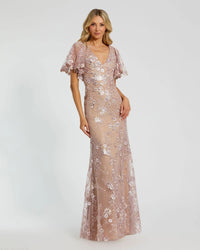 Pink Embellished Lace V Neck Butterfly Sleeve Gown