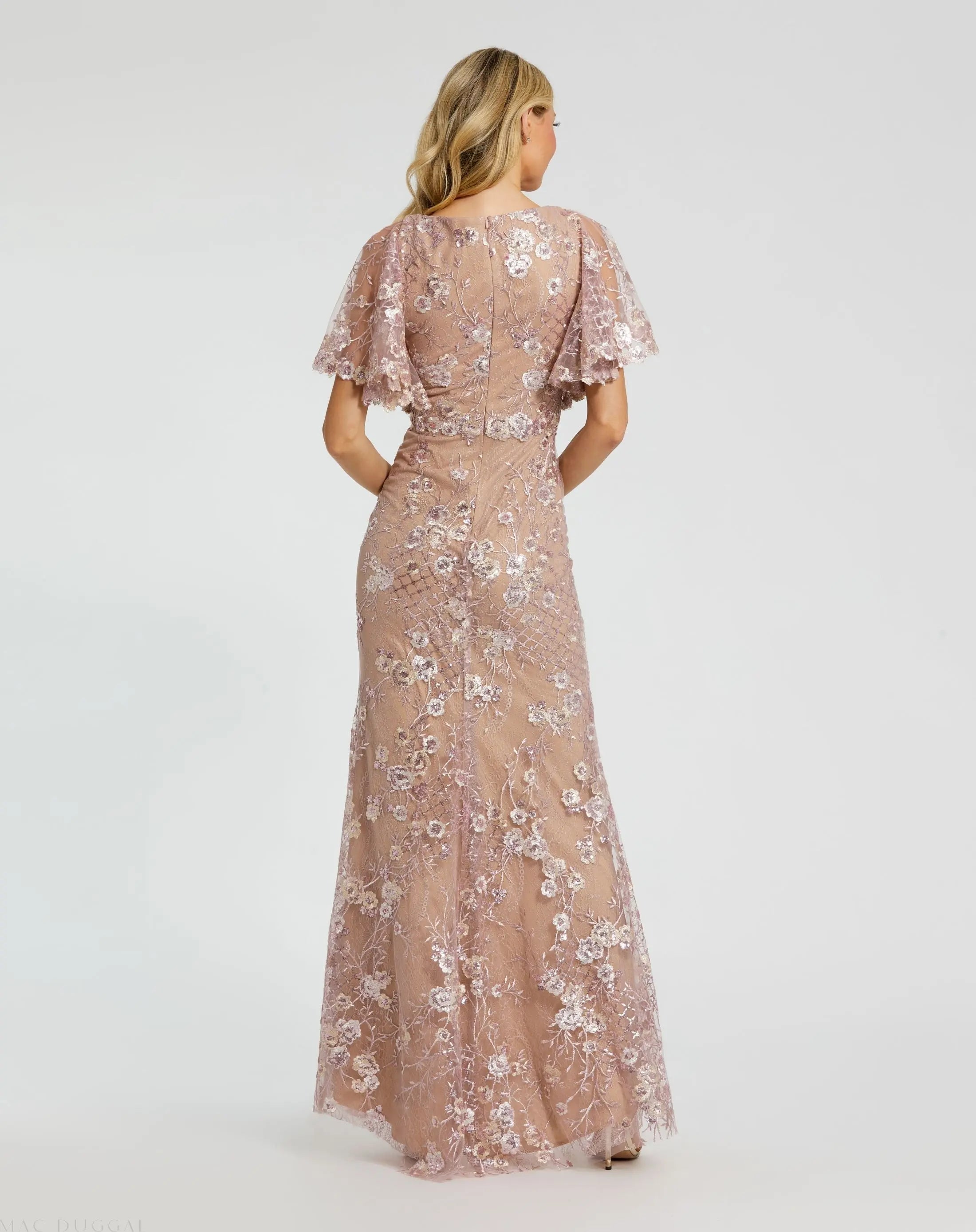 Pink Embellished Lace V Neck Butterfly Sleeve Gown - Back