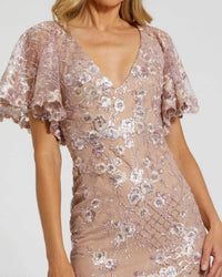 Pink Embellished Lace V Neck Butterfly Sleeve Gown - Close Up