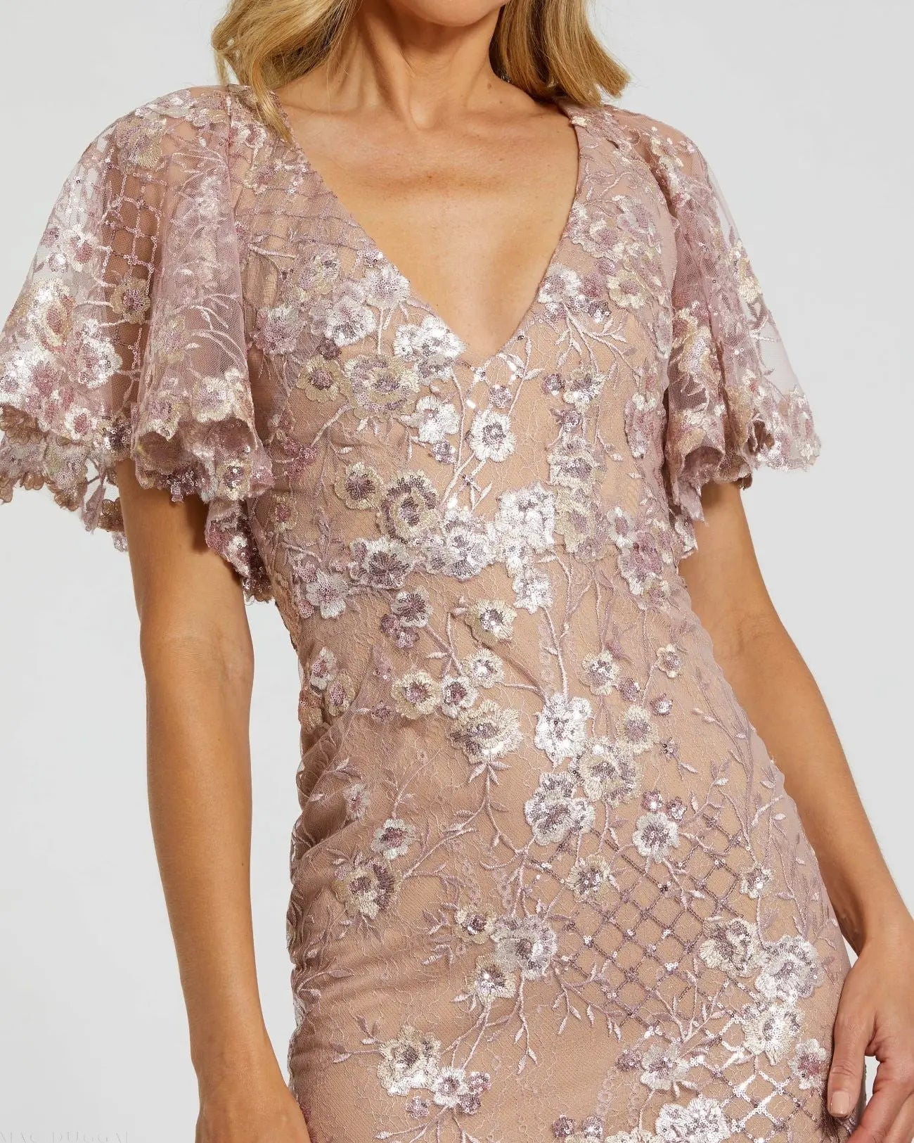 Pink Embellished Lace V Neck Butterfly Sleeve Gown - Close Up