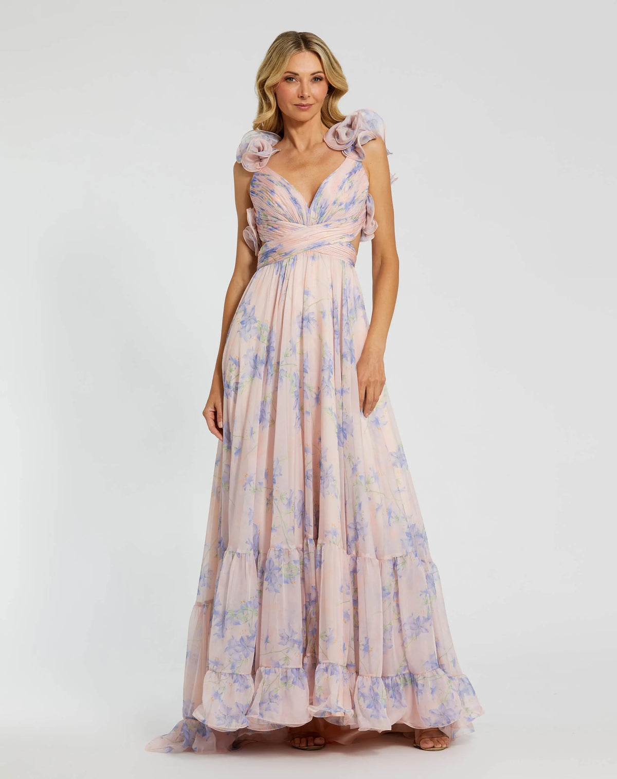 Mac Duggal 68753 Violet Multi ruffle tiered cut-out chiffon floral gown - Front