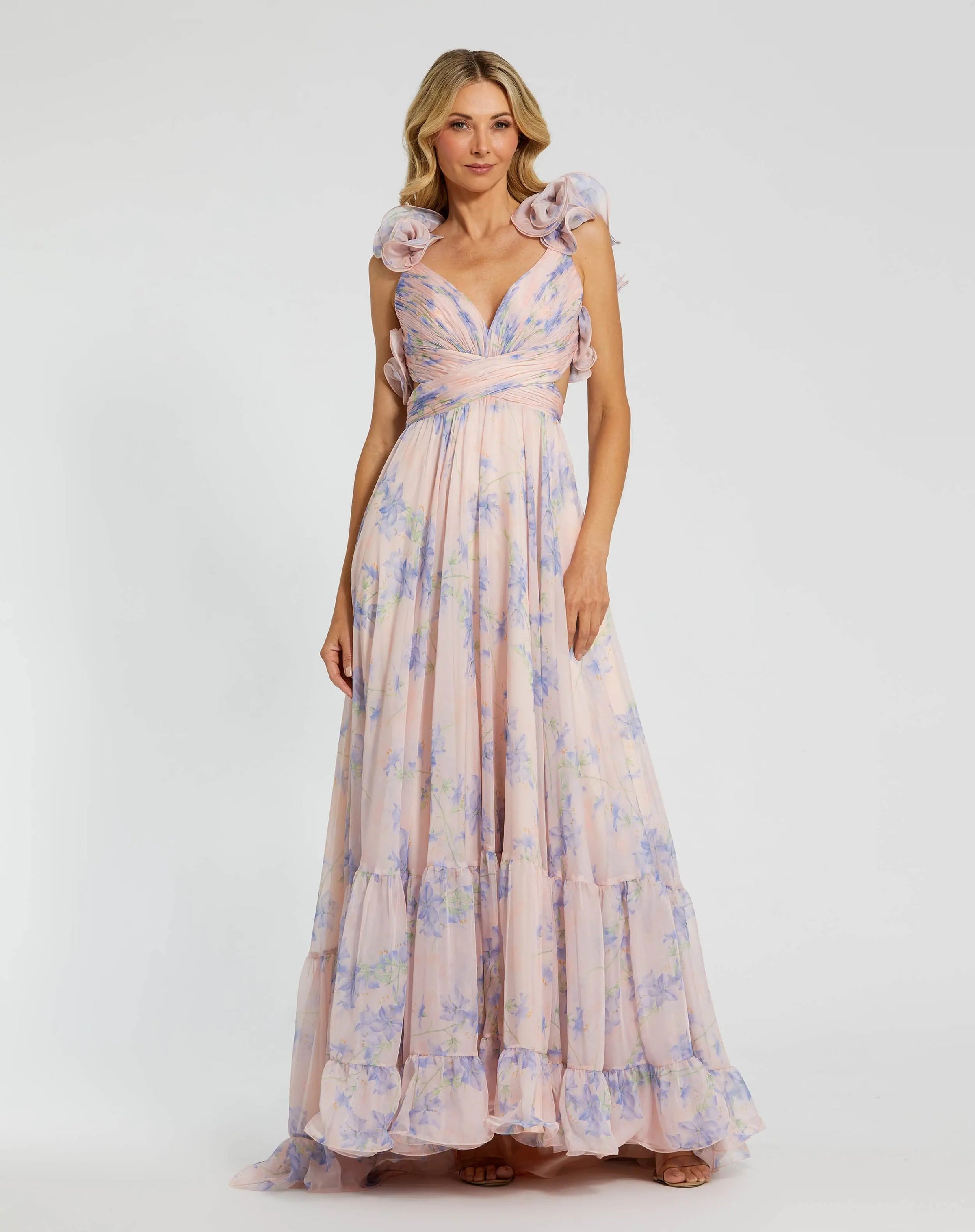 Mac Duggal 68753 Violet Multi ruffle tiered cut-out chiffon floral gown - Front