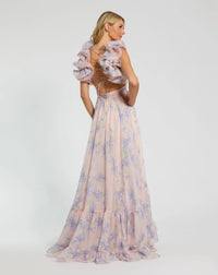 Mac Duggal 68753 Violet Multi ruffle tiered cut-out chiffon floral gown - Back view