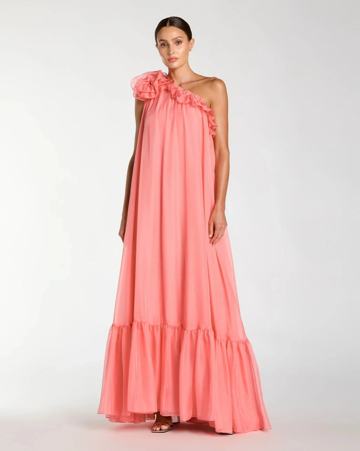 Hibiscus Chiffon One Shoulder Ruffle Gown With Rose