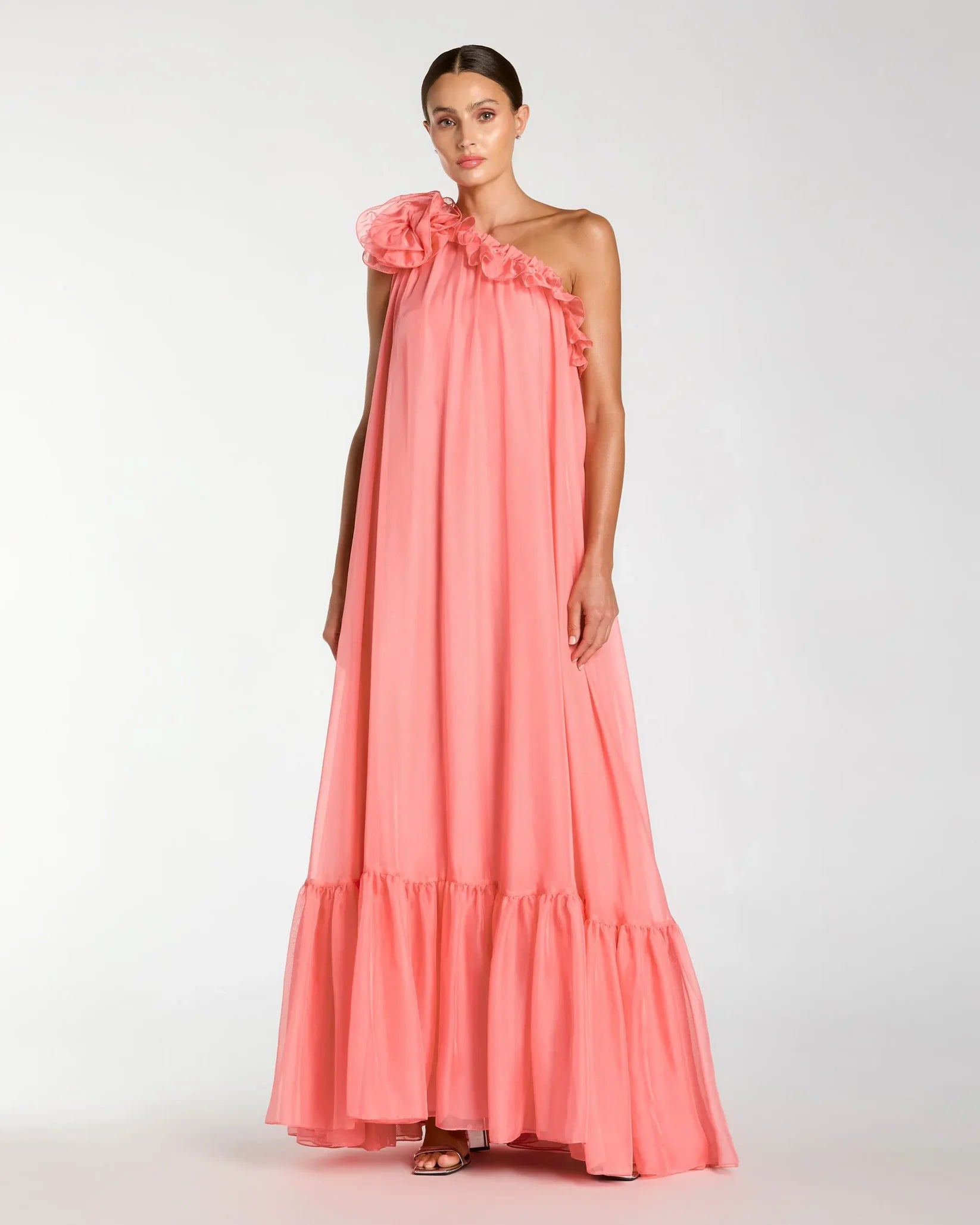 Mac Duggal Hibiscus Chiffon One Shoulder Ruffle Gown With Rose #68757

